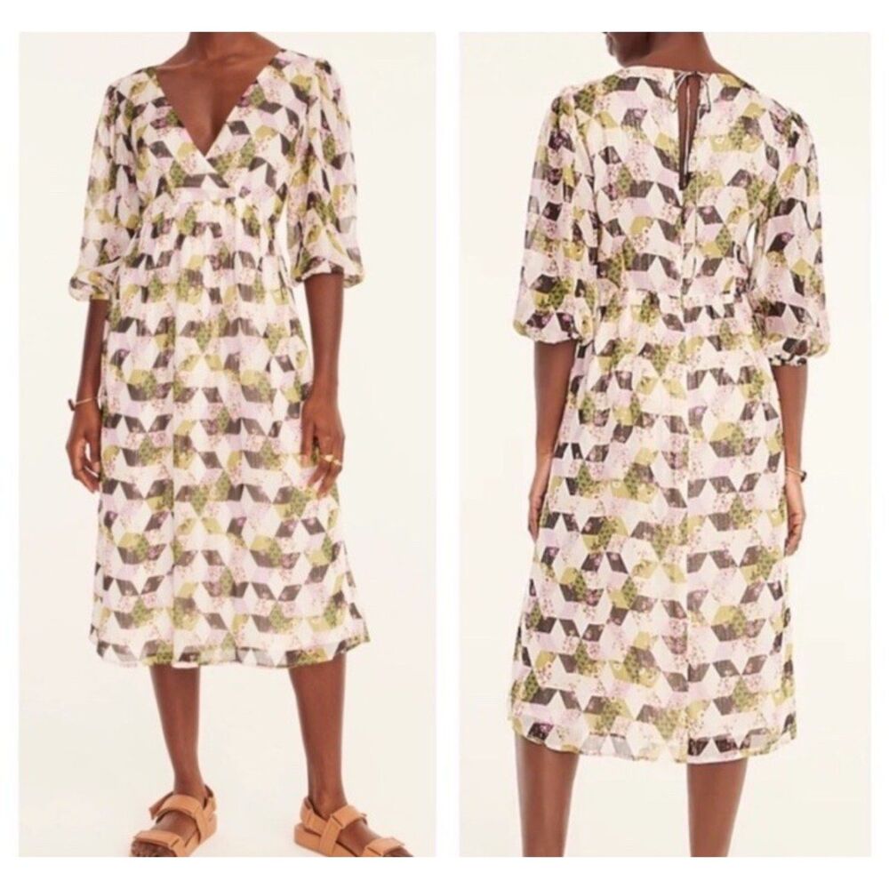 J Crew Lurex Metallic Threads Chiffon Midi Dress Patchwork Print Sz 8 Floral